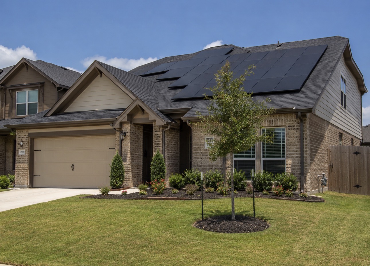Two-story Texas home with a full rooftop solar array installed by Expert Solar and Repair