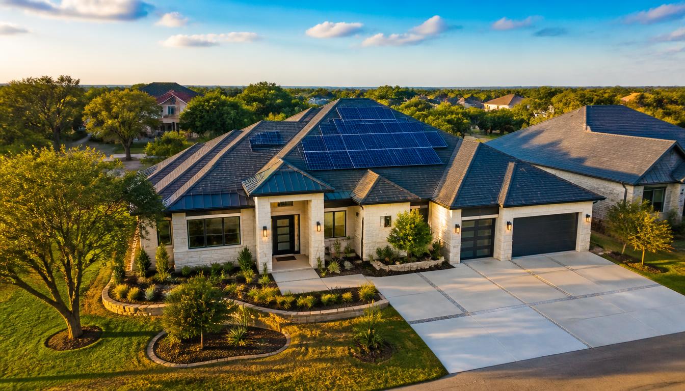 Modern Texas home with rooftop solar panels under a bright blue sky